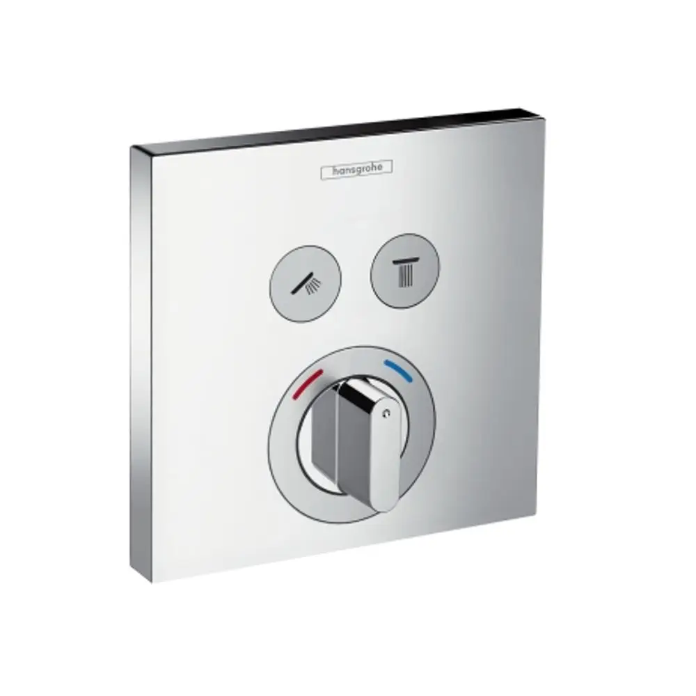 Unterputz-Wasserhahn von Hansgrohe mit drei Bedienelementen: zwei runde Tasten und einen zentralen Hebel mit Temperaturanzeige in Rot und Blau.